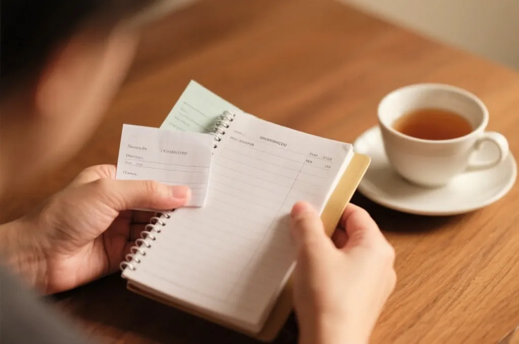 记账本、杯子和笔，象征理性与反思