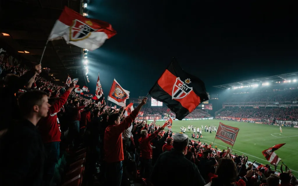 球场看台灯光下的喧闹人群与巨幅旗帜,营造强烈主场压迫感