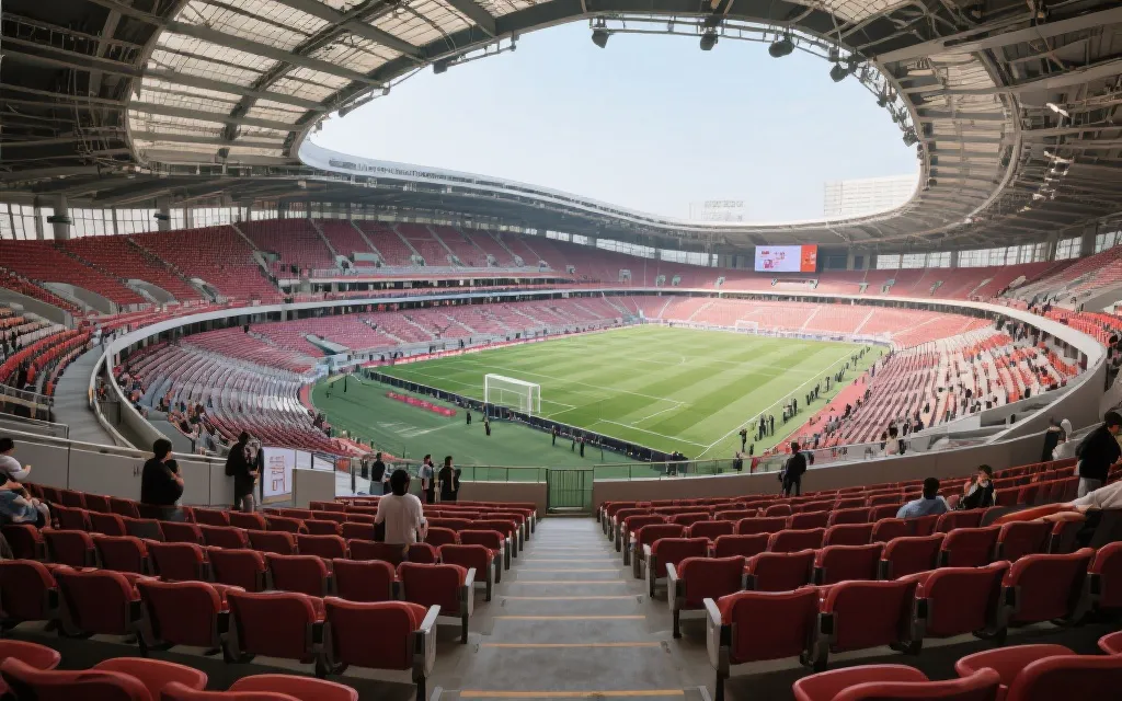 观赛视角示意：中段看台俯瞰球场，强调清晰视线与通道动线